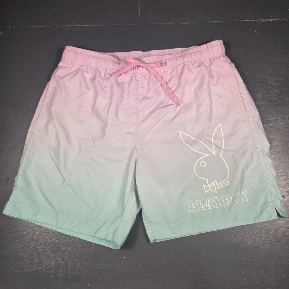 Playboy x PacSun Swim Trunks Men's Large Pink Blue Ombre Bunny Logo Board Shorts